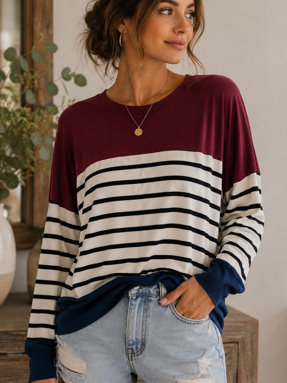 Lovely Melody NWT Burgundy White Navy Striped Color-block Long-Sleeve Top